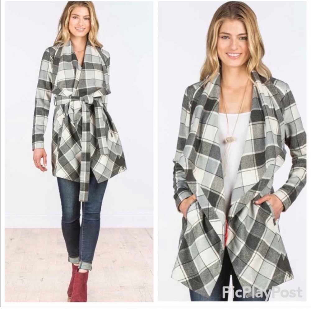 Matilda Jane Gray and White Plaid Trench Coat